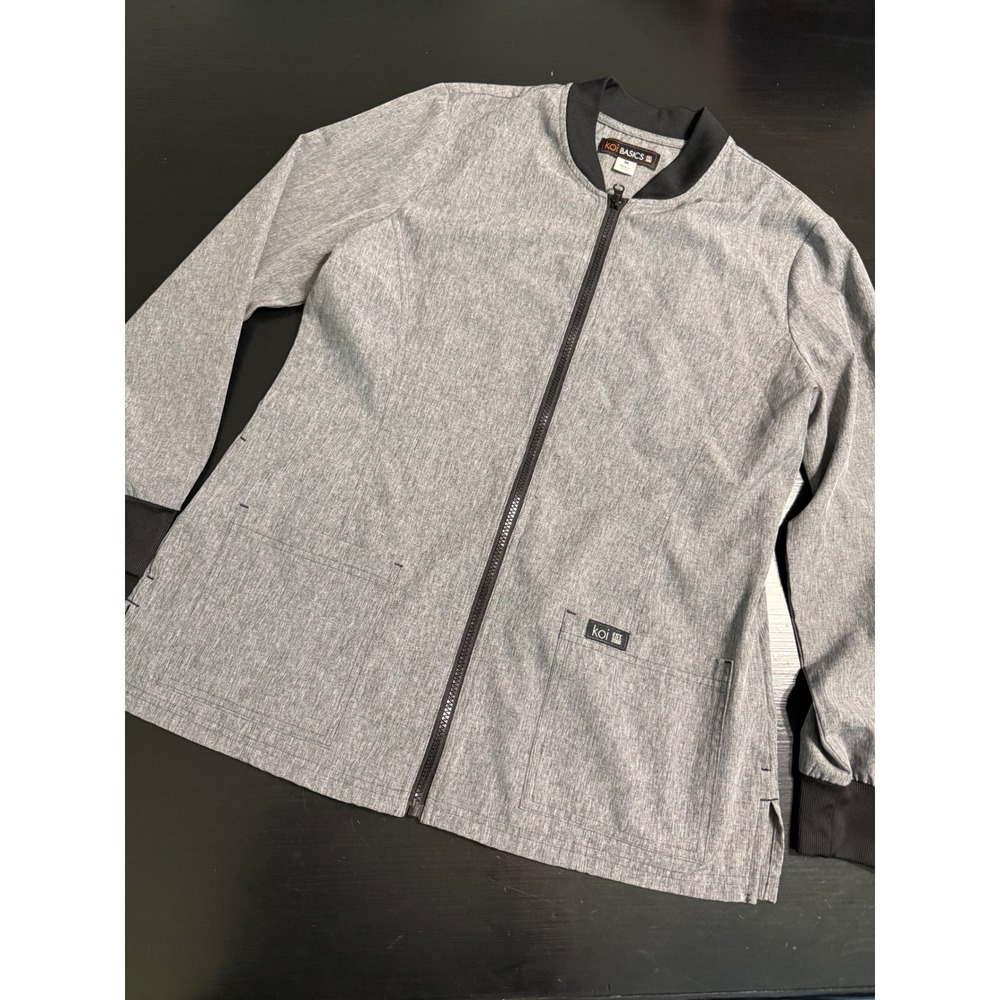 Koi Basics Katie Women Scrub Jacket Grey Heather Zip Front Ribbed Trim Medium